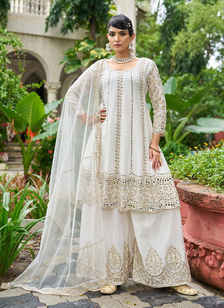 Off White Zari Embroidered Anarkali Sharara Suit