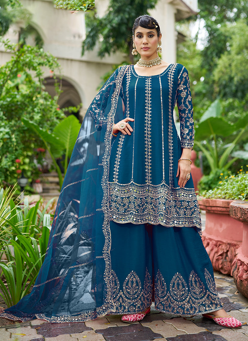 Royal Blue Zari Embroidered Anarkali Sharara Suit