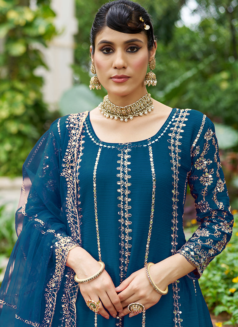 Royal Blue Zari Embroidered Anarkali Sharara Suit
