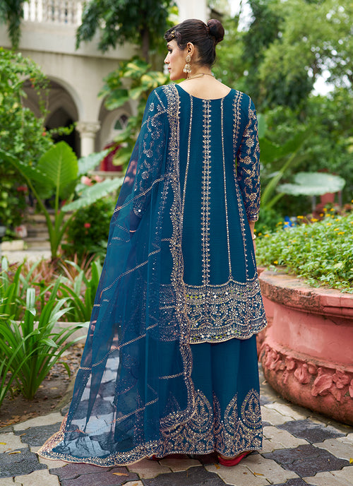 Royal Blue Zari Embroidered Anarkali Sharara Suit