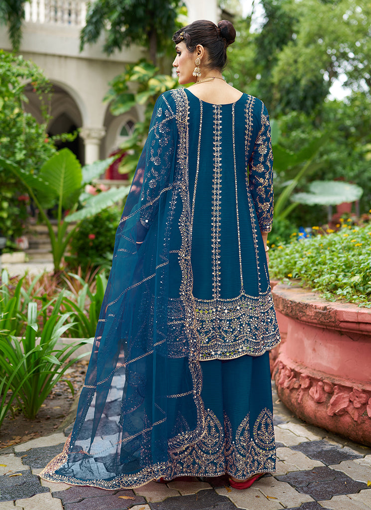 Royal Blue Zari Embroidered Anarkali Sharara Suit