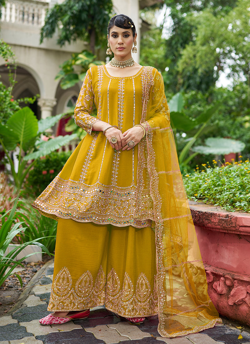 Golden Yellow Zari Embroidered Anarkali Sharara Suit