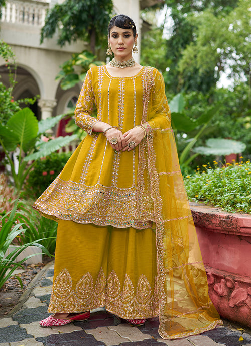 Golden Yellow Zari Embroidered Anarkali Sharara Suit