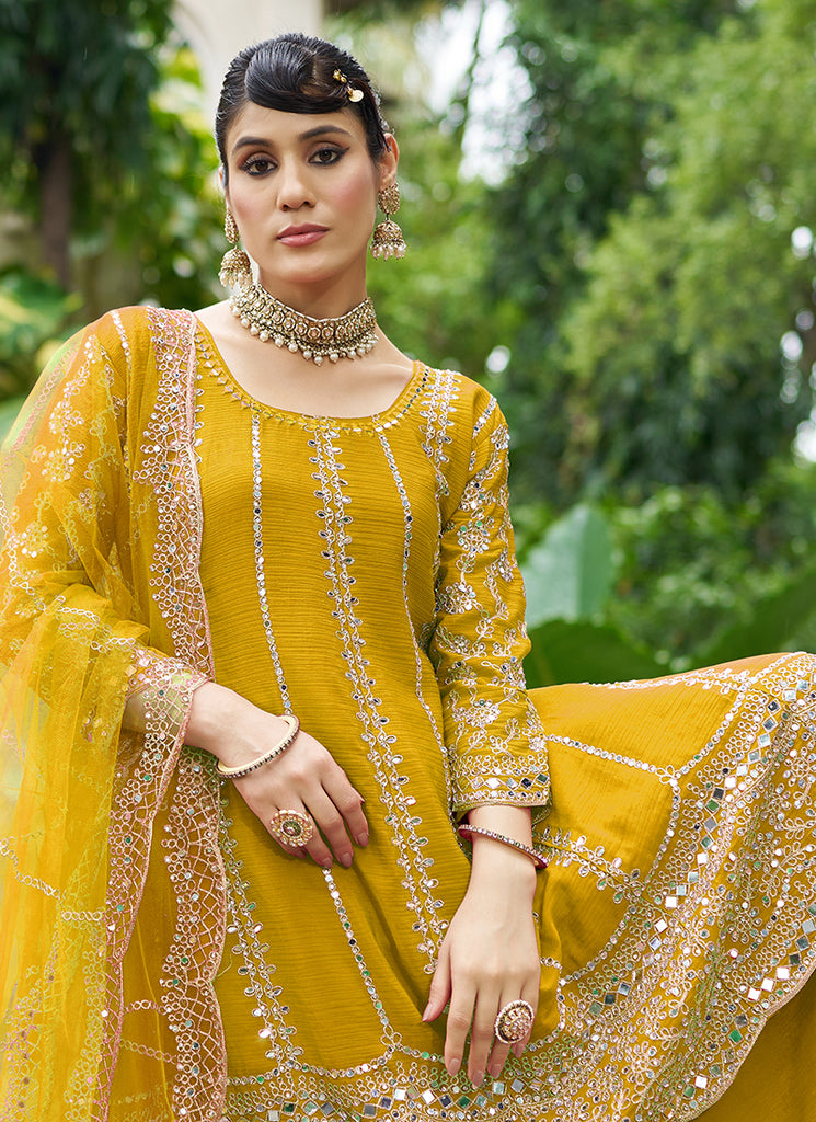 Golden Yellow Zari Embroidered Anarkali Sharara Suit