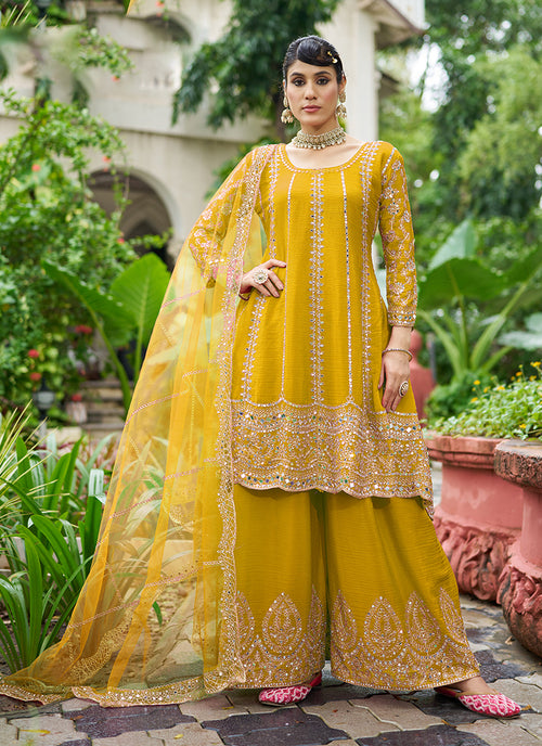 Golden Yellow Zari Embroidered Anarkali Sharara Suit