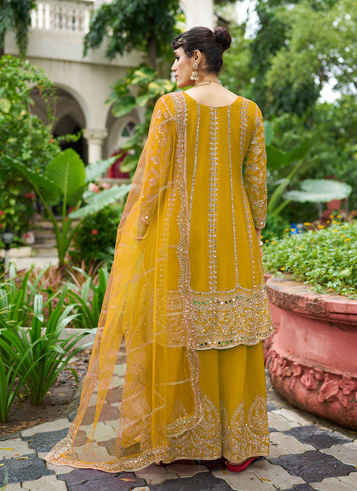 Golden Yellow Zari Embroidered Anarkali Sharara Suit