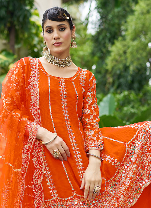 Orange Zari Embroidered Anarkali Sharara Suit