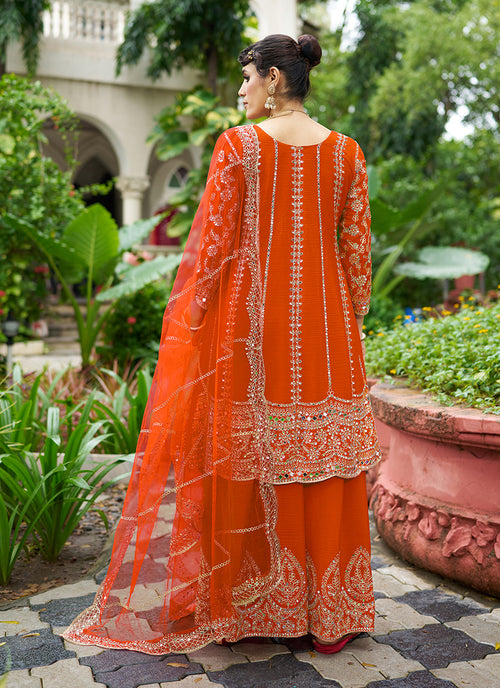 Orange Zari Embroidered Anarkali Sharara Suit
