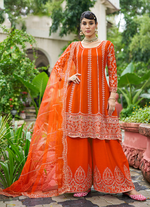 Orange Zari Embroidered Anarkali Sharara Suit