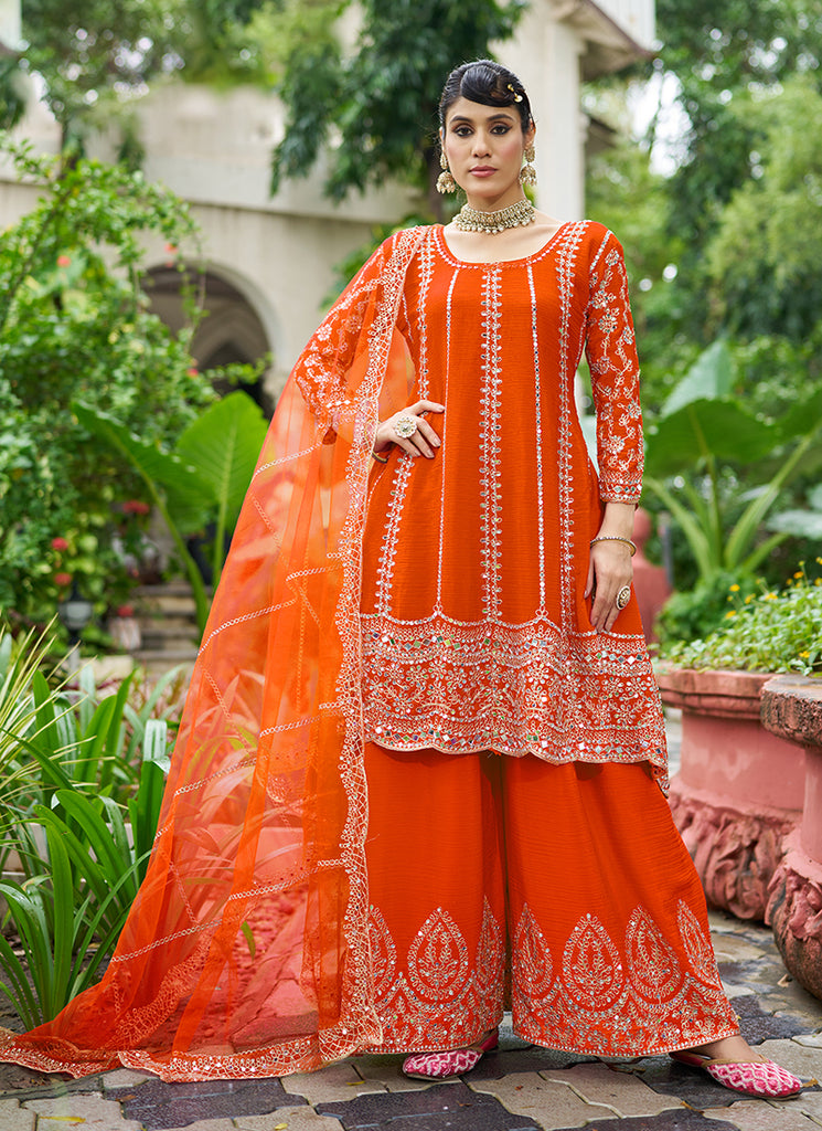 Orange Zari Embroidered Anarkali Sharara Suit