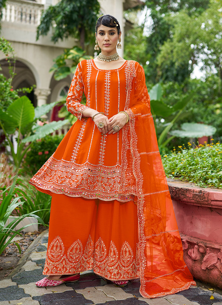 Orange Zari Embroidered Anarkali Sharara Suit