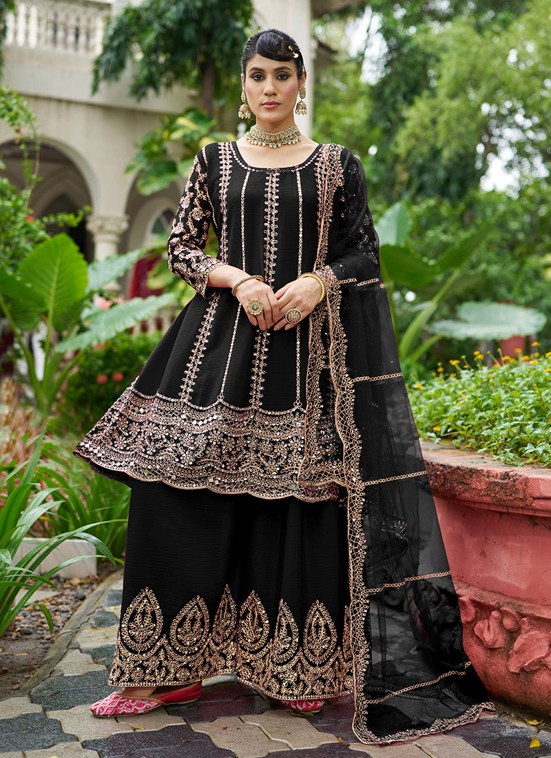 Black Zari Embroidered Anarkali Sharara Suit