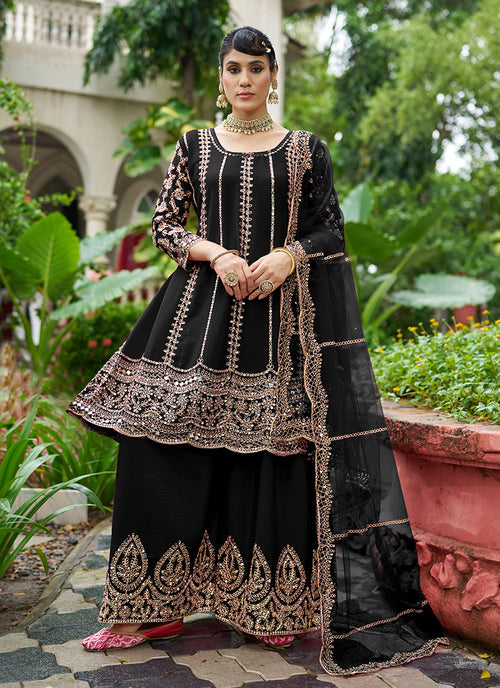 Black Zari Embroidered Anarkali Sharara Suit