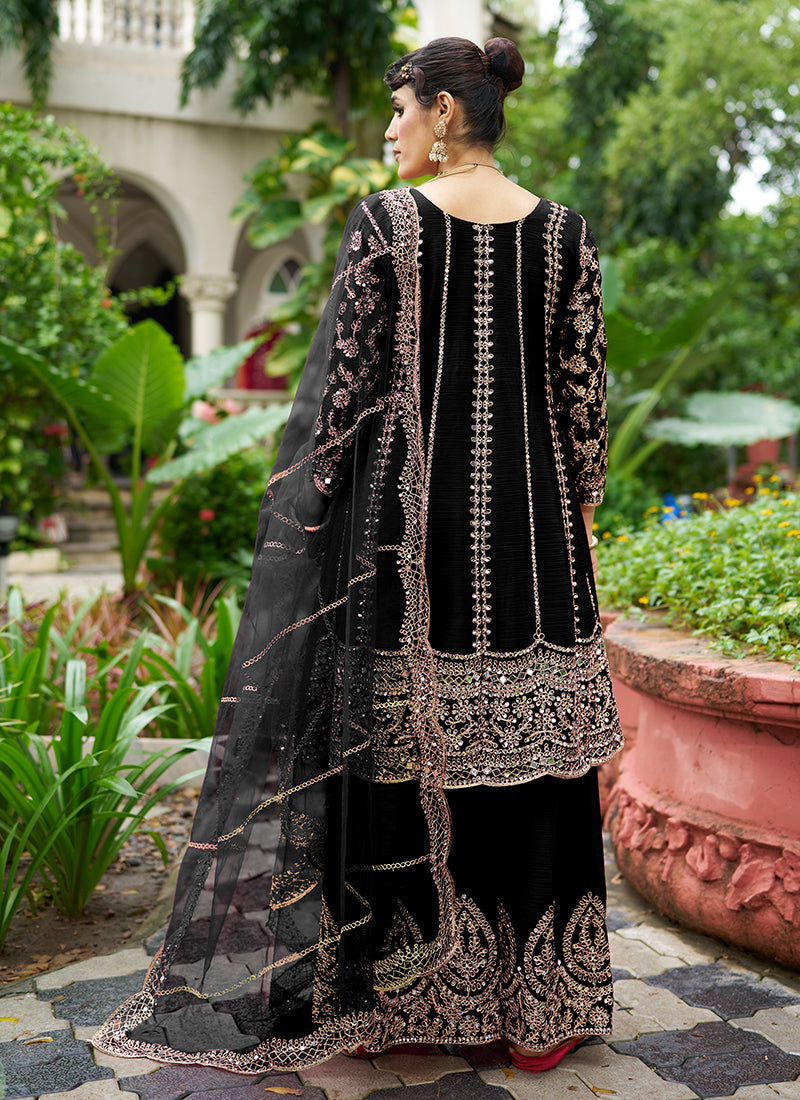 Black Zari Embroidered Anarkali Sharara Suit