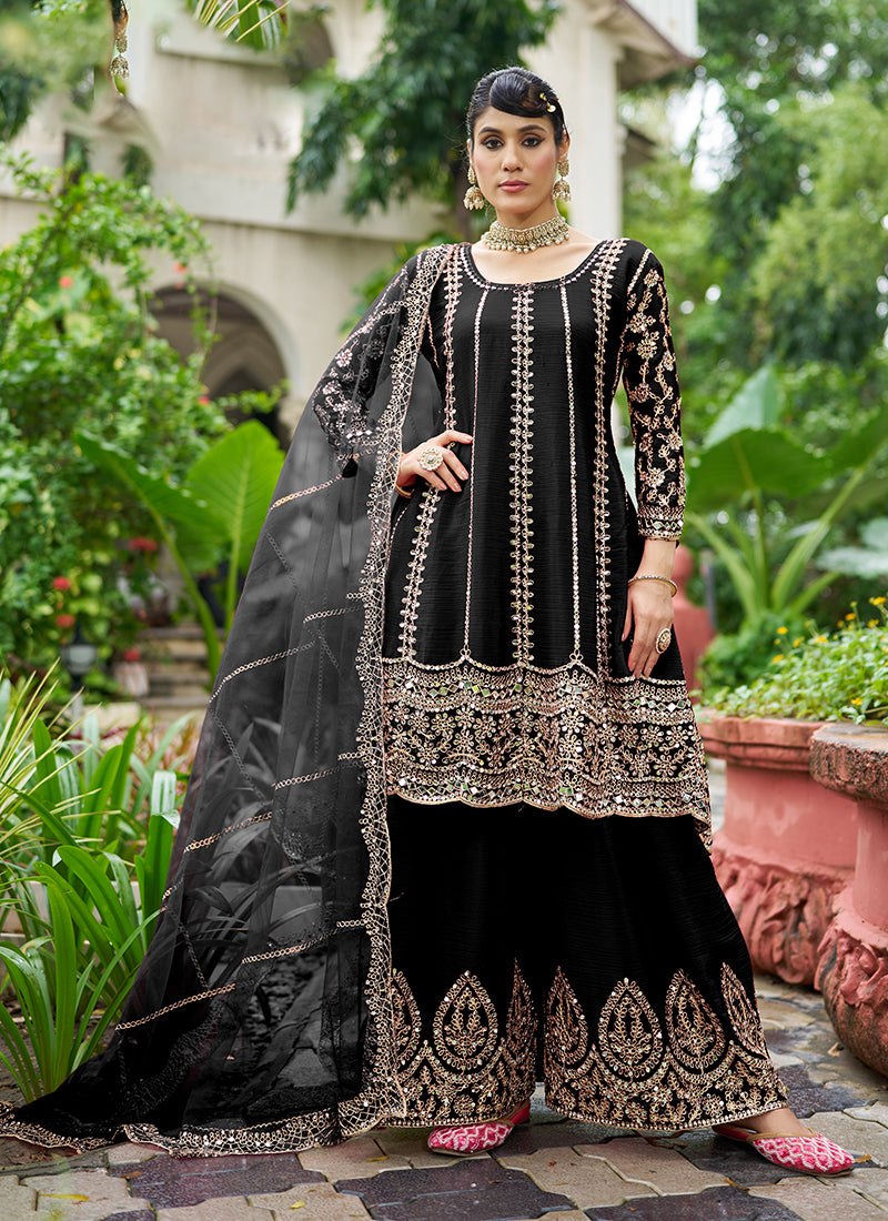 Black Zari Embroidered Anarkali Sharara Suit