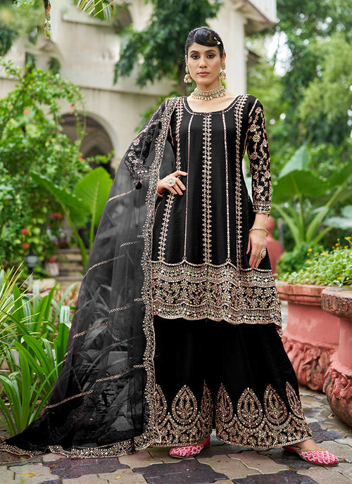 Black Zari Embroidered Anarkali Sharara Suit