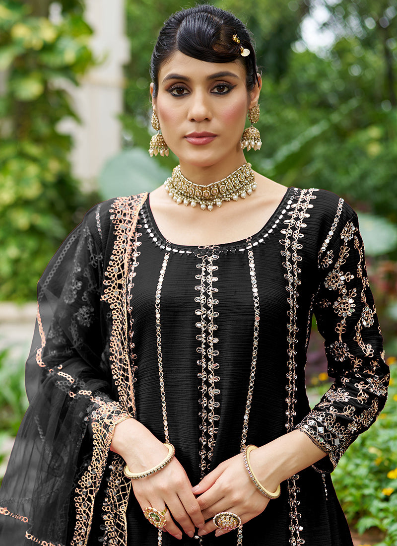 Black Zari Embroidered Anarkali Sharara Suit