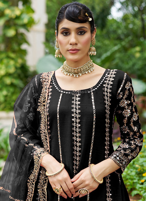 Black Zari Embroidered Anarkali Sharara Suit