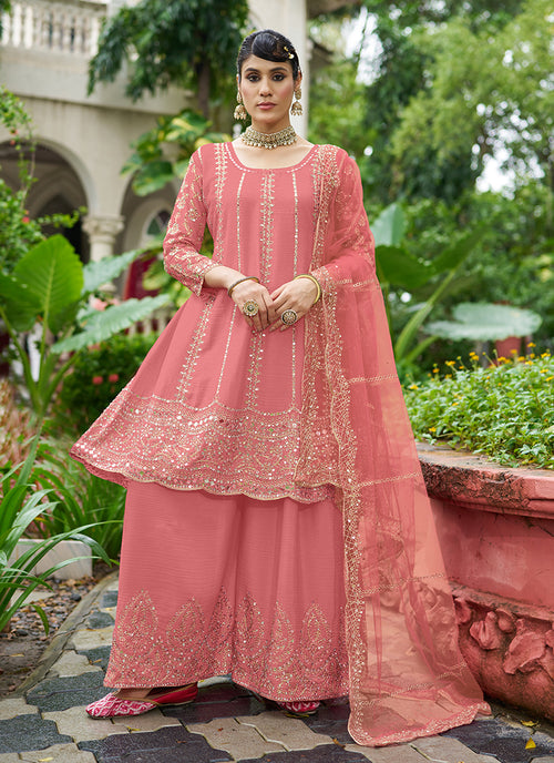 Peach Zari Embroidered Anarkali Sharara Suit
