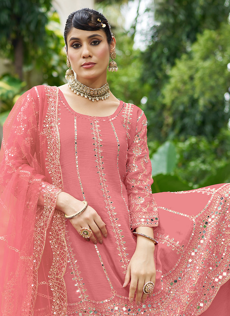 Peach Zari Embroidered Anarkali Sharara Suit