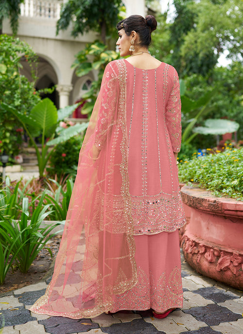 Peach Zari Embroidered Anarkali Sharara Suit