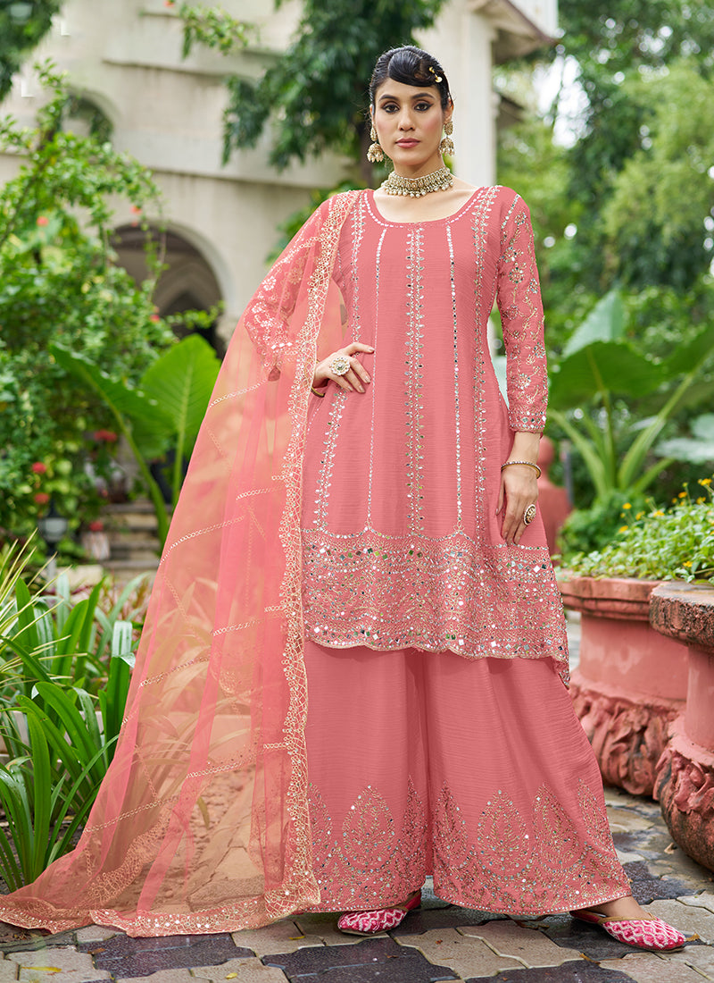 Peach Zari Embroidered Anarkali Sharara Suit