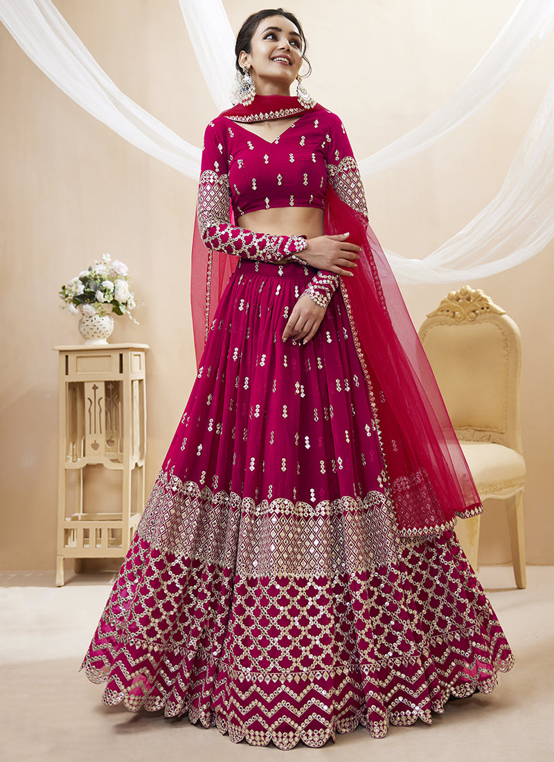 Hot Pink Mirror Work Embroidery Wedding Lehenga Choli