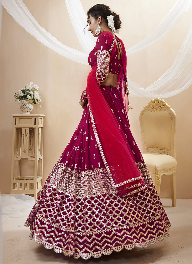 Buy Hot Pink Mirror Work Embroidery Wedding Lehenga Choli Online in UK | Hatkay Buy Hot Pink Mirror Work Embroidery Wedding Lehenga Choli Online in UK | Hatkay