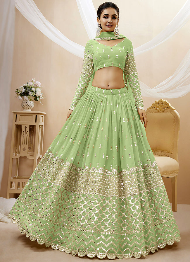 Light Green Mirror Work Embroidery Wedding Lehenga Choli