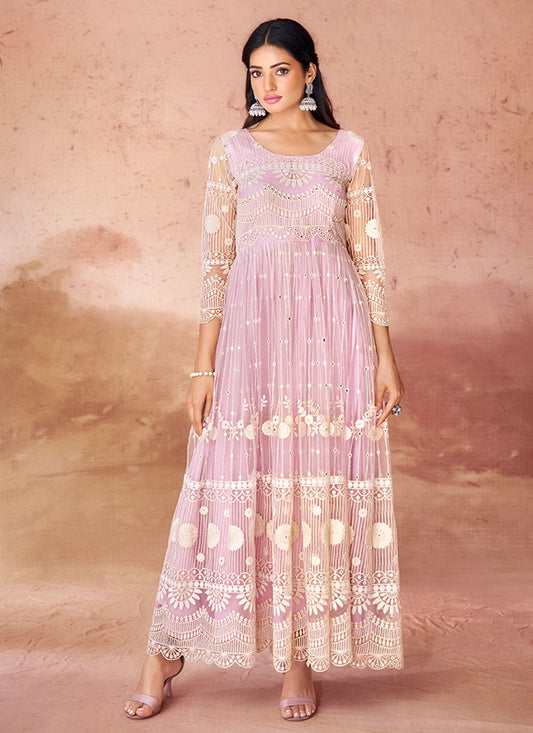 Blush Pink Thread Work Embroidery Festive Anarkali Gown