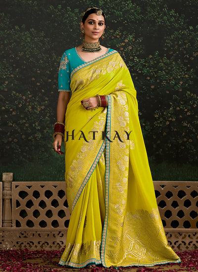Yellow And Teal Multi Embroidery Silk Saree