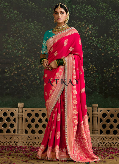 Cherry Red And Teal Multi Embroidery Silk Saree