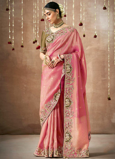 Pink And Green Multi Embroidery Tissue Silk Saree
