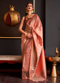 Peach And Brown Zari Weaved Handloom Silk Saree