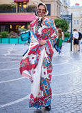 White Multicolored Digital Printed Crape Silk Saree