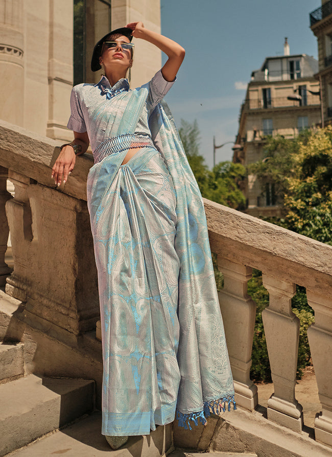 Sky Blue Weaved Traditional Satin Silk Saree