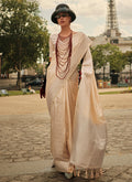Cream Beige Brocade Weaved Handloom Silk Saree