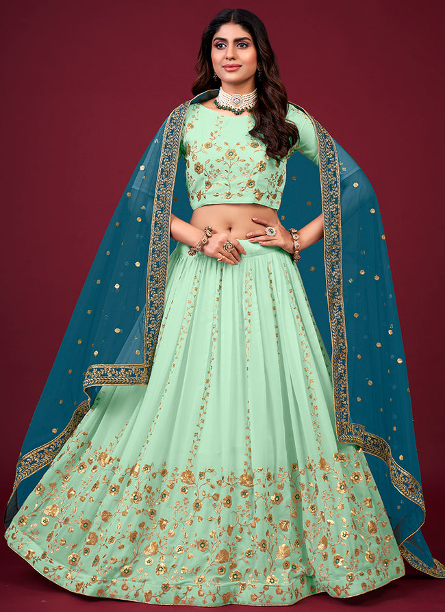 Mint Green And Blue Multi Embroidery Wedding Lehenga Choli
