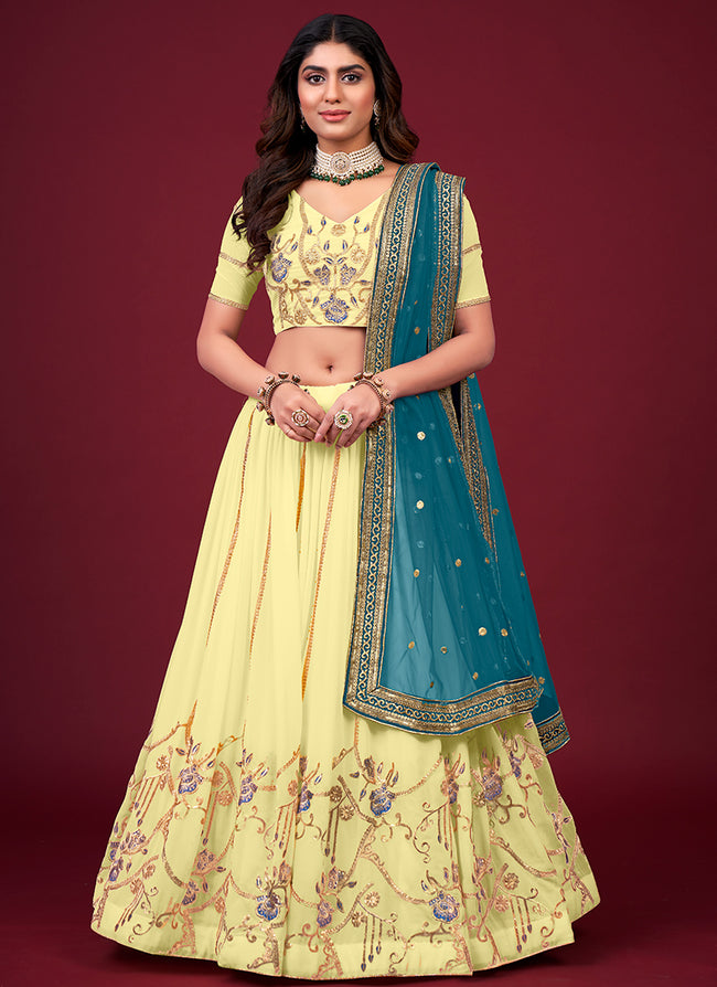Yellow And Blue Multi Embroidery Wedding Lehenga Choli