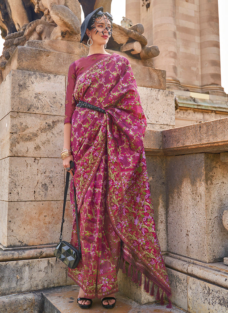 Magenta Handloom Woven Floral Printed Silk Saree