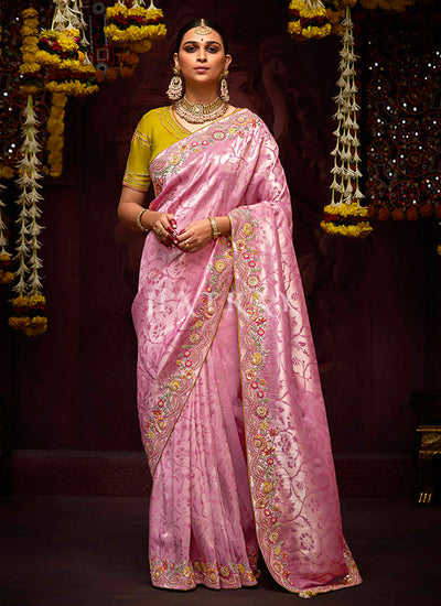 Pink And Yellow Multi Embroidery Kanjivaram Silk Saree