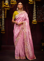 Pink And Yellow Multi Embroidery Kanjivaram Silk Saree