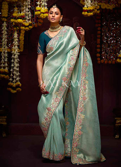 Teal Blue Multi Embroidery Kanjivaram Silk Saree