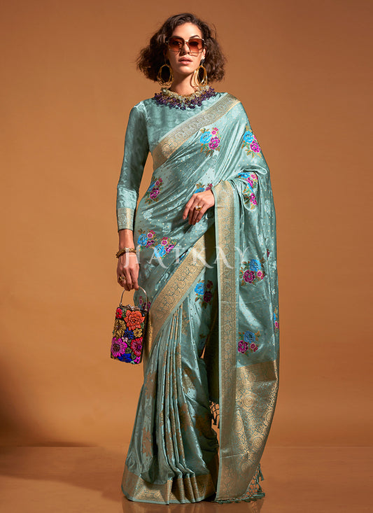 Sky Blue Floral Printed Silk Saree