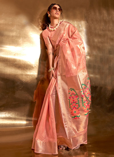 Salmon Pink Paithani Tissue Silk Saree
