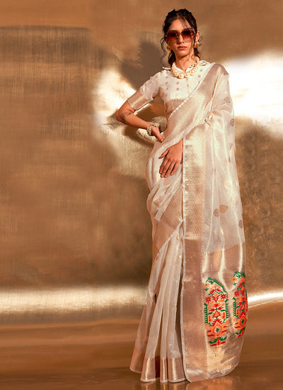 Ivory White Paithani Tissue Silk Saree