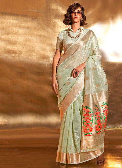 Pale Green Paithani Tissue Silk Saree
