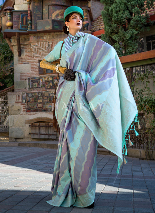 Blue Purple Printed Silk Saree