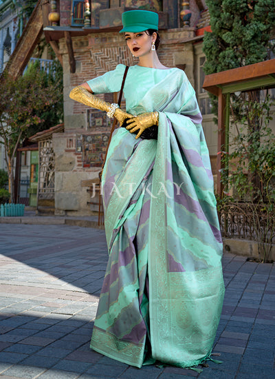 Teal Purple Printed Silk Saree