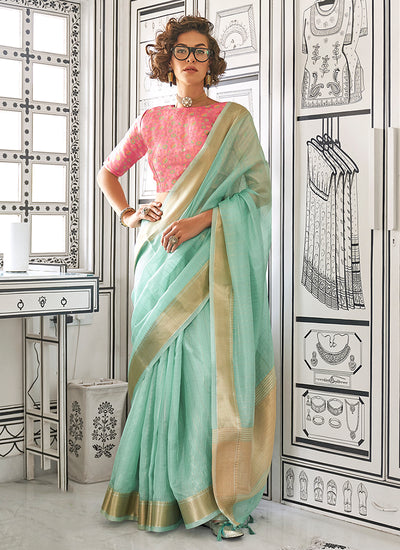 Green And Pink Zari Brocade Handloom Silk Saree